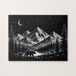 Mystic Mountain Wilderness Natt Linocut Stil Pussel