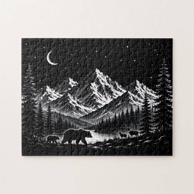 Mystic Mountain Wilderness Natt Linocut Stil Pussel (Horisontell)