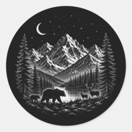 Mystic Mountain Wilderness Natt Linocut Stil Runt Klistermärke