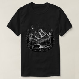 Mystic Mountain Wilderness Natt Linocut Stil T Shirt