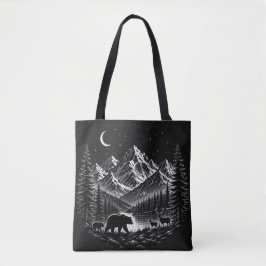 Mystic Mountain Wilderness Natt Linocut Stil Tygkasse