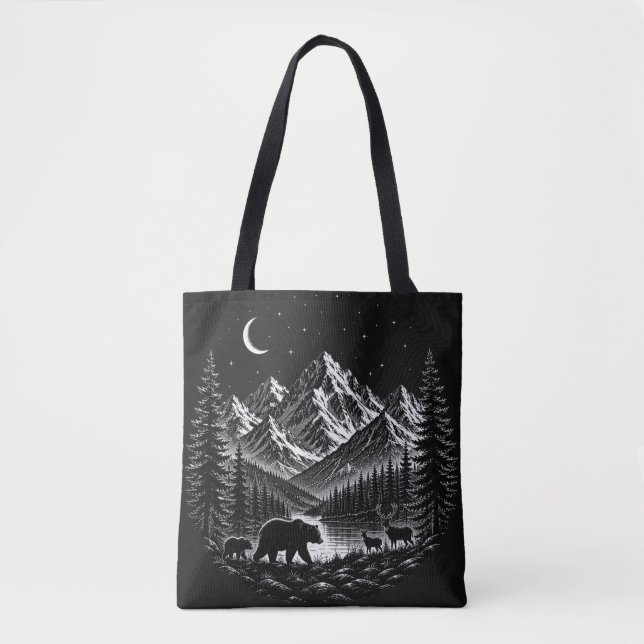 Mystic Mountain Wilderness Natt Linocut Stil Tygkasse (Framsida)