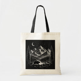 Mystic Mountain Wilderness Natt Linocut Stil Tygkasse