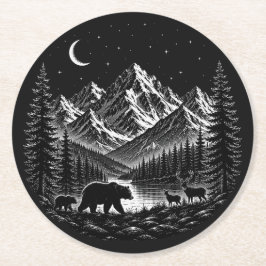 Mystic Mountain Wilderness Natt Linocut Stil Underlägg Papper Rund