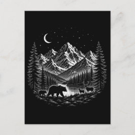 Mystic Mountain Wilderness Natt Linocut Stil Vykort