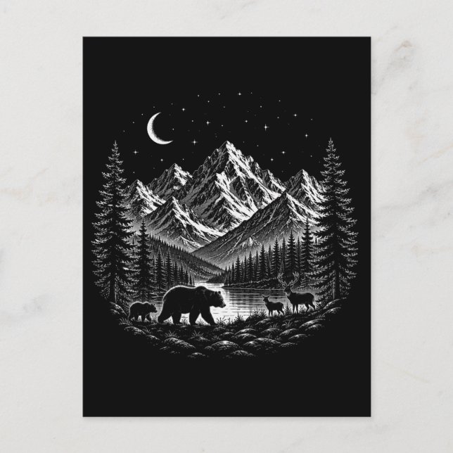 Mystic Mountain Wilderness Natt Linocut Stil Vykort (Framsida)