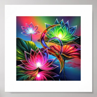 Mystic Neon Lotus Garden - Glowing Andlig Art Poster