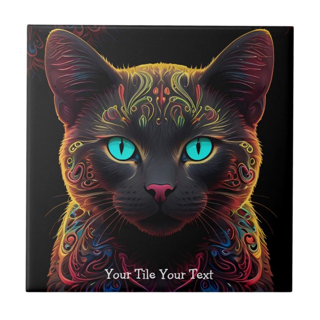 Mystic Neon Mandala Cat Psychedelic Kattdjur Fanta Kakelplatta (Framsidan)