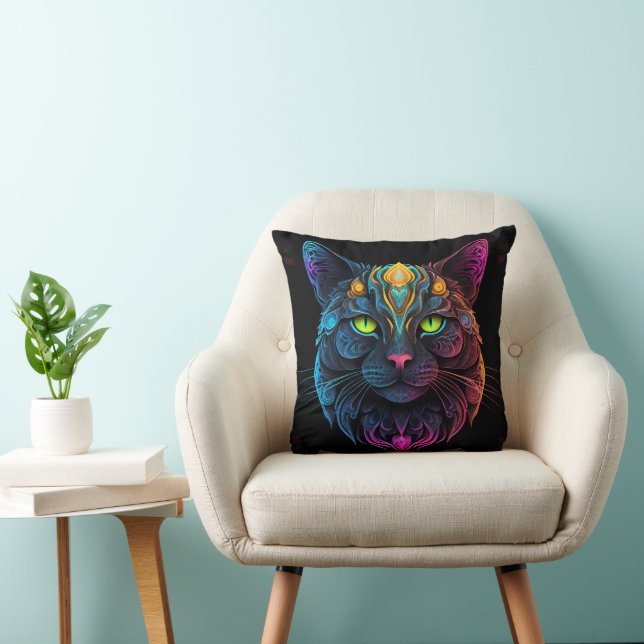 Mystic Neon Mandala Cat Psychedelic Kattdjur Fanta Kudde (Stol)