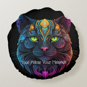 Mystic Neon Mandala Cat Psychedelic Kattdjur Fanta Rund Kudde
