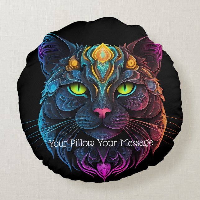 Mystic Neon Mandala Cat Psychedelic Kattdjur Fanta Rund Kudde (Baksidan)