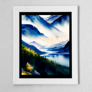 Mystic Nordic Sjö Watercolor Art Skriv ut Poster