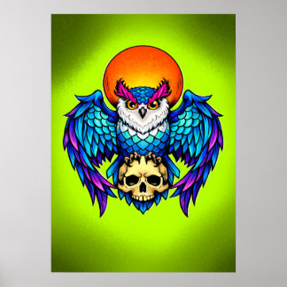 Mystic Owl and Skull – Digital Vibrant Style Art Poster
