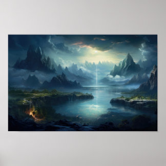 Mystic Sjö och Mountain Valley - Fantasy Landscap Poster