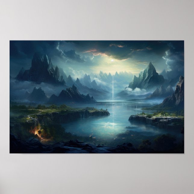 Mystic Sjö och Mountain Valley - Fantasy Landscap Poster (Framsidan)