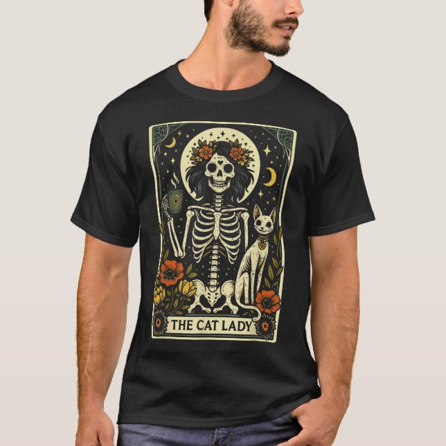 Mystic Skeleton The Cat Lady With Coffee Tarot  T Shirt (Framsida)