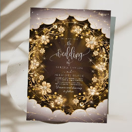 Mystic Sparkles and Golden Blommigt Bröllop Inbjudningar