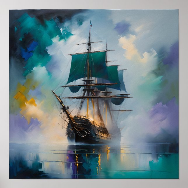 Mystic Tall Ship in Fog – Dreamlike Nautical Paint Poster (Framsidan)