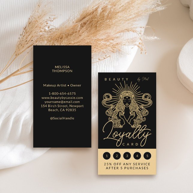 Mystic Tarot Makeup Hair Nagel Monogram Guld Black Lojalitetskort (tarot loyalty card goddess beauty makeup hair nails lashes stylist beautician beauty wellness yoga)