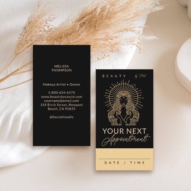 Mystic Tarot Makeup Hair Nagel Monogram Guld Black Tidsbeställning Kort (tarot appointment card goddess beauty makeup hair nails lashes stylist beautician beauty wellness)
