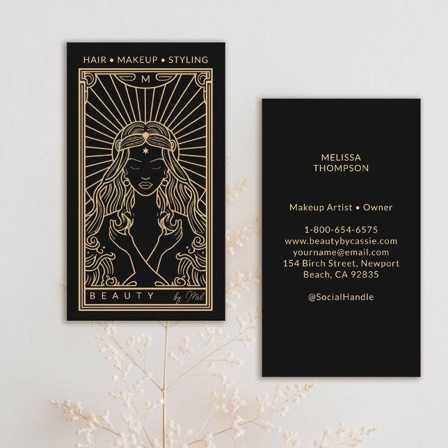 Mystic Tarot Makeup Hair Nagel Monogram Guld Black Visitkort (tarot business card mystical goddess gold black makeup hair lashes psychic reiki healer)