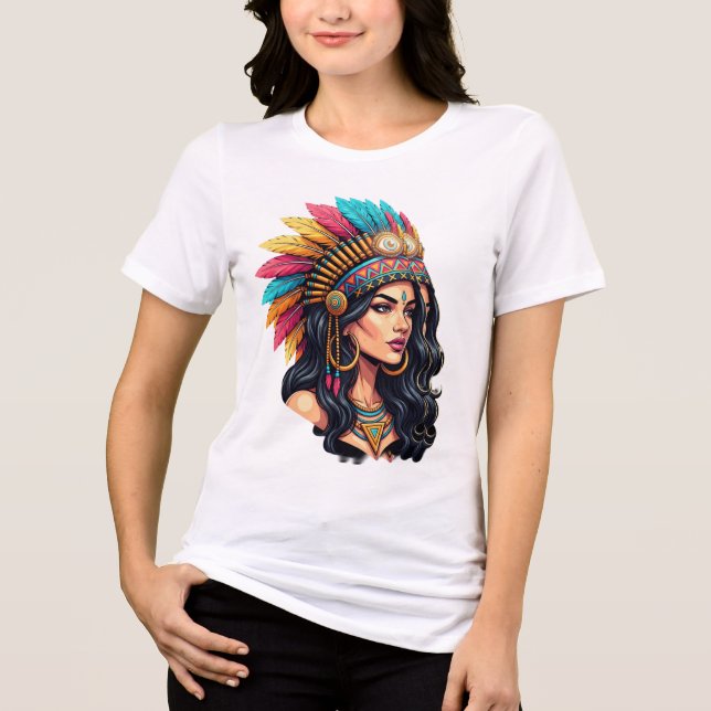 Mystic Tribal Beauty – Vibrant Headdress Illustrat T Shirt (Framsida)