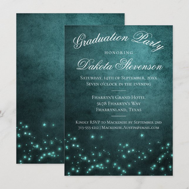 Mystic Twilight Stars | Deep Teal Glow Studenten Inbjudningar (Fram/baksida)