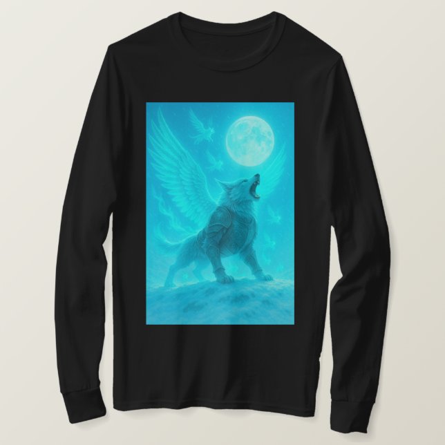 Mystic Winged Wolf Howling at the Moon T Shirt (Design framsida)