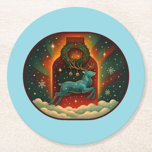 Mystic Winter Stag-Blue BG Underlägg Papper Rund (Framsidan)