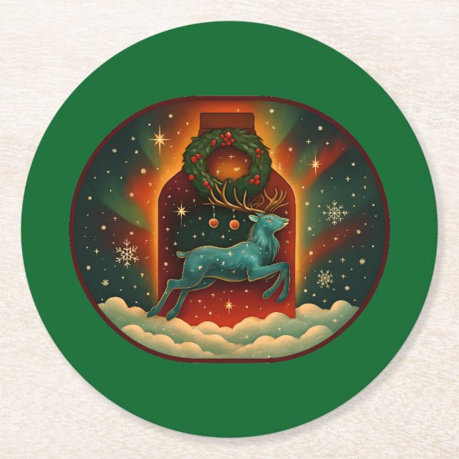 Mystic Winter Stag-Grönt BG Underlägg Papper Rund (Framsidan)