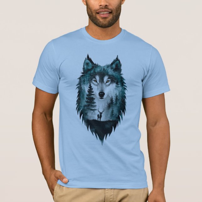 Mystic Wolf Forest Double Exposure T-Shirt (Framsida)