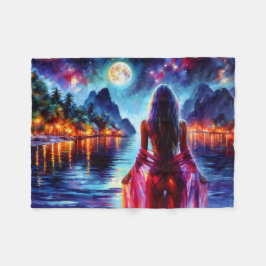 Mystic woman under full moon reflections art fleecefilt