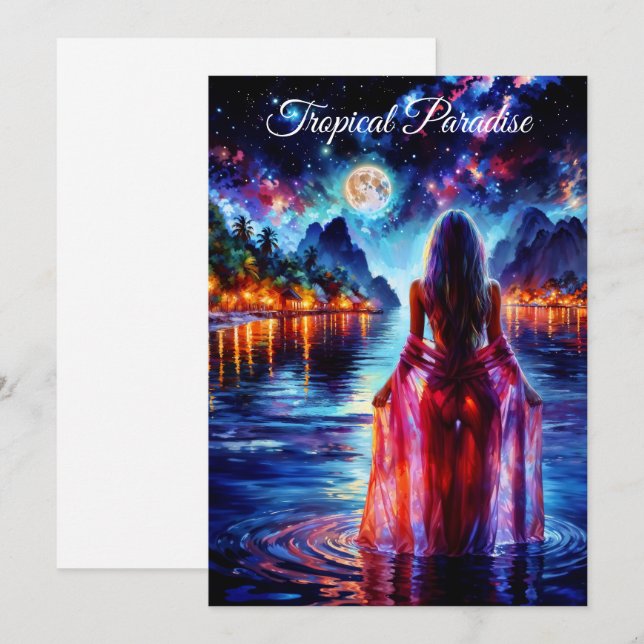Mystic woman under full moon reflections art inbjudningar (Fram/baksida)
