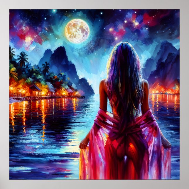 Mystic woman under full moon reflections art poster (Framsidan)