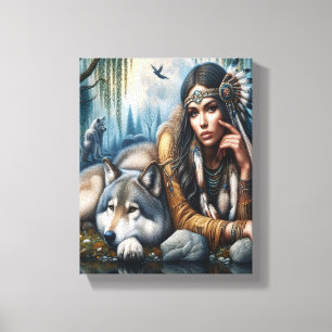 Mystical A Native American Woman med Varger 10x8 Canvastryck