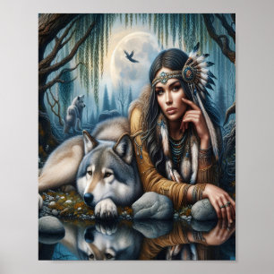 Mystical A Native American Woman med Varger 10x8 Poster