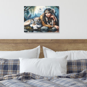 Mystical A Native American Woman med Varger 24 x 1 Canvastryck