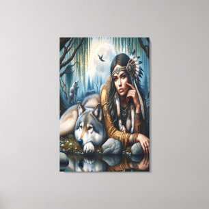 Mystical A Native American Woman med Varger 24 x 3 Canvastryck