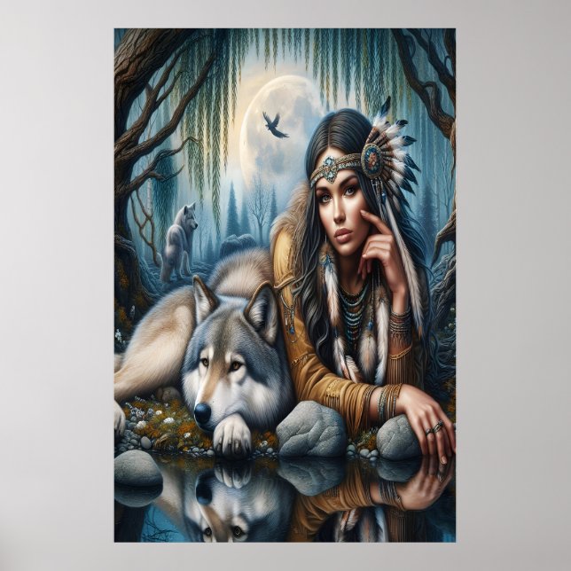Mystical A Native American Woman med Varger 24 x 3 Poster (Framsidan)