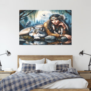 Mystical A Native American Woman med Varger 36 x 2 Canvastryck