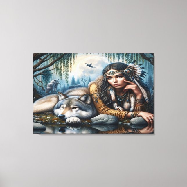 Mystical A Native American Woman med Varger 36 x 2 Canvastryck (Framsida)