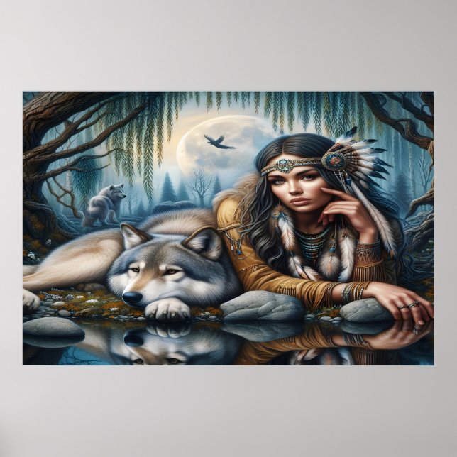 Mystical A Native American Woman med Varger 36 x 2 Poster (Framsidan)