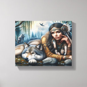Mystical A Native American Woman med Varger 8 x 10 Canvastryck