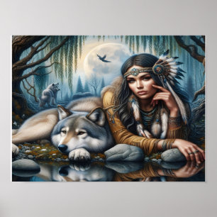Mystical A Native American Women with Vargs 16 x 1 Poster
