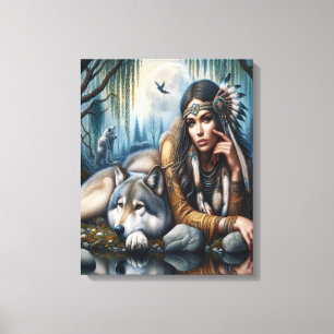 Mystical A Native American Women with Vargs 16 x 2 Canvastryck