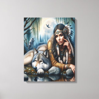 Mystical A Native American Women with Vargs 16 x 2 Canvastryck