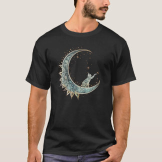 Mystical Aesthetic Cat Sitta på Crescent Måne Lu T Shirt