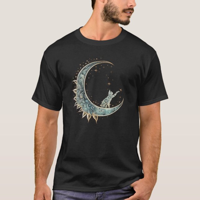 Mystical Aesthetic Cat Sitta på Crescent Måne Lu T Shirt (Framsida)