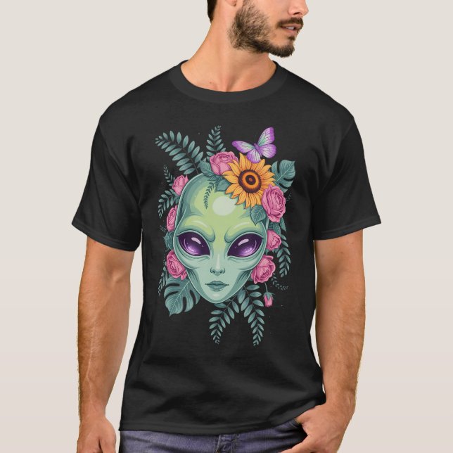 Mystical Alien Floral Graphic With Sunflower  Butt T Shirt (Framsida)