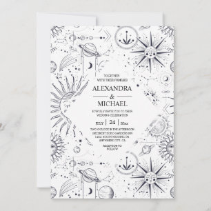 Mystical Black and white Celestial Stars Bröllop Inbjudningar